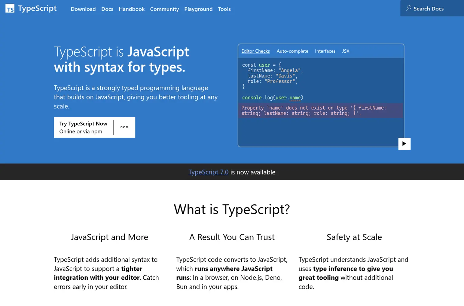 TypeScript 官网首页截图,帮助读者快速判断产品定位。