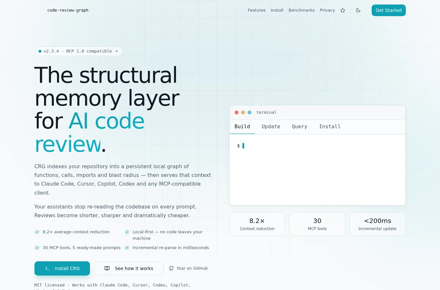 code-review-graph 官网首页截图,帮助读者快速判断产品定位。