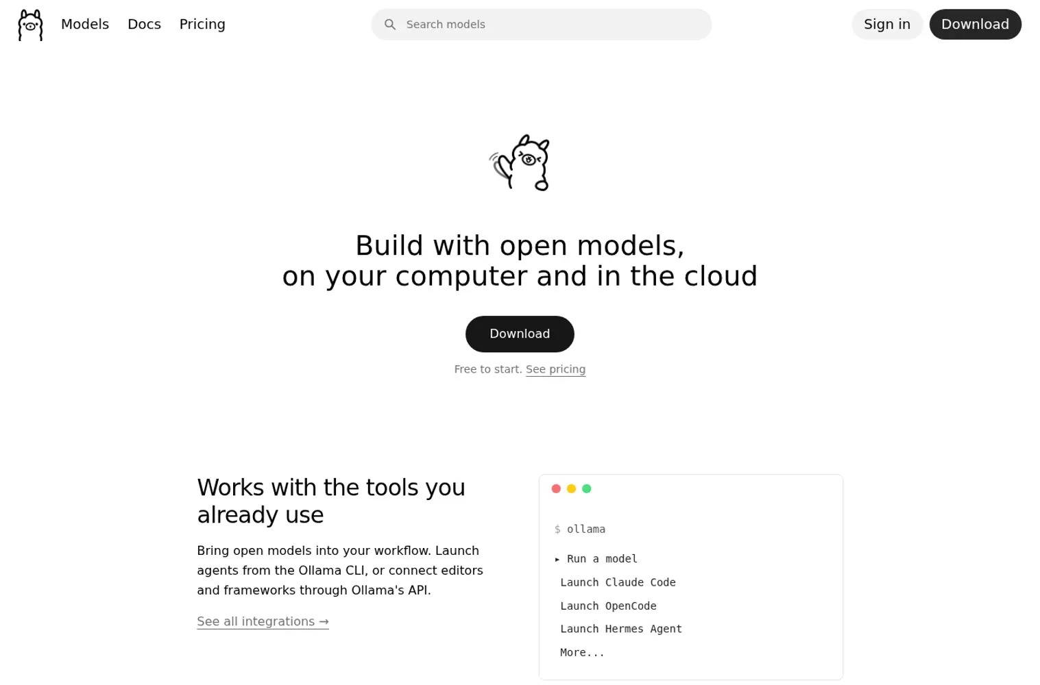 ollama 官网首页截图，帮助读者快速判断产品定位。