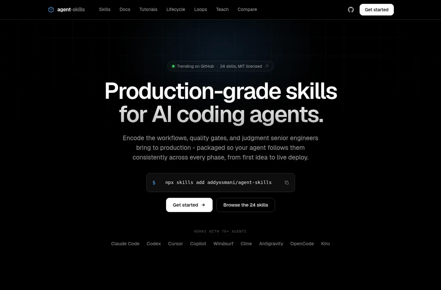 agent-skills 官网首页截图，帮助读者快速判断产品定位。
