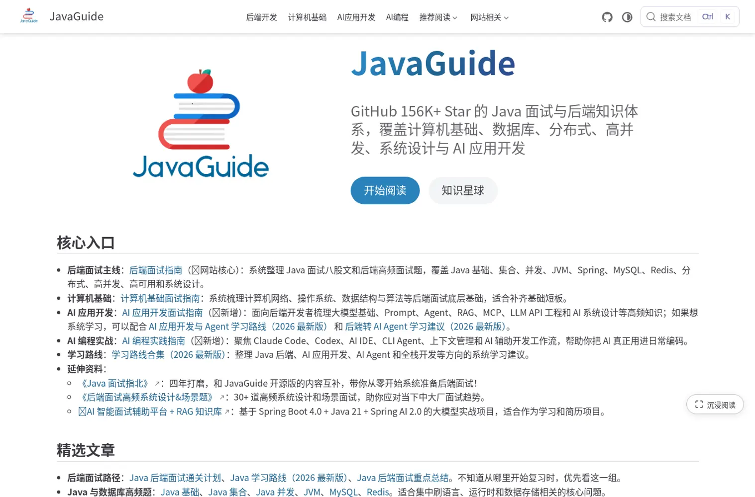 JavaGuide 官网首页截图，帮助读者快速判断产品定位。