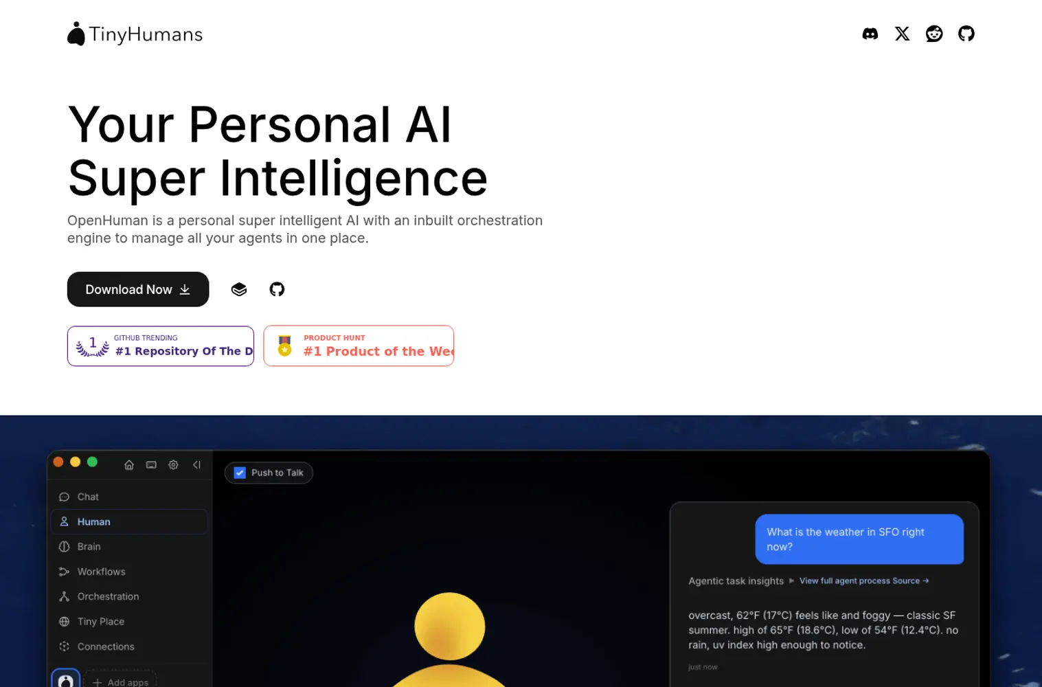 openhuman 官网首页截图，帮助读者快速判断产品定位。
