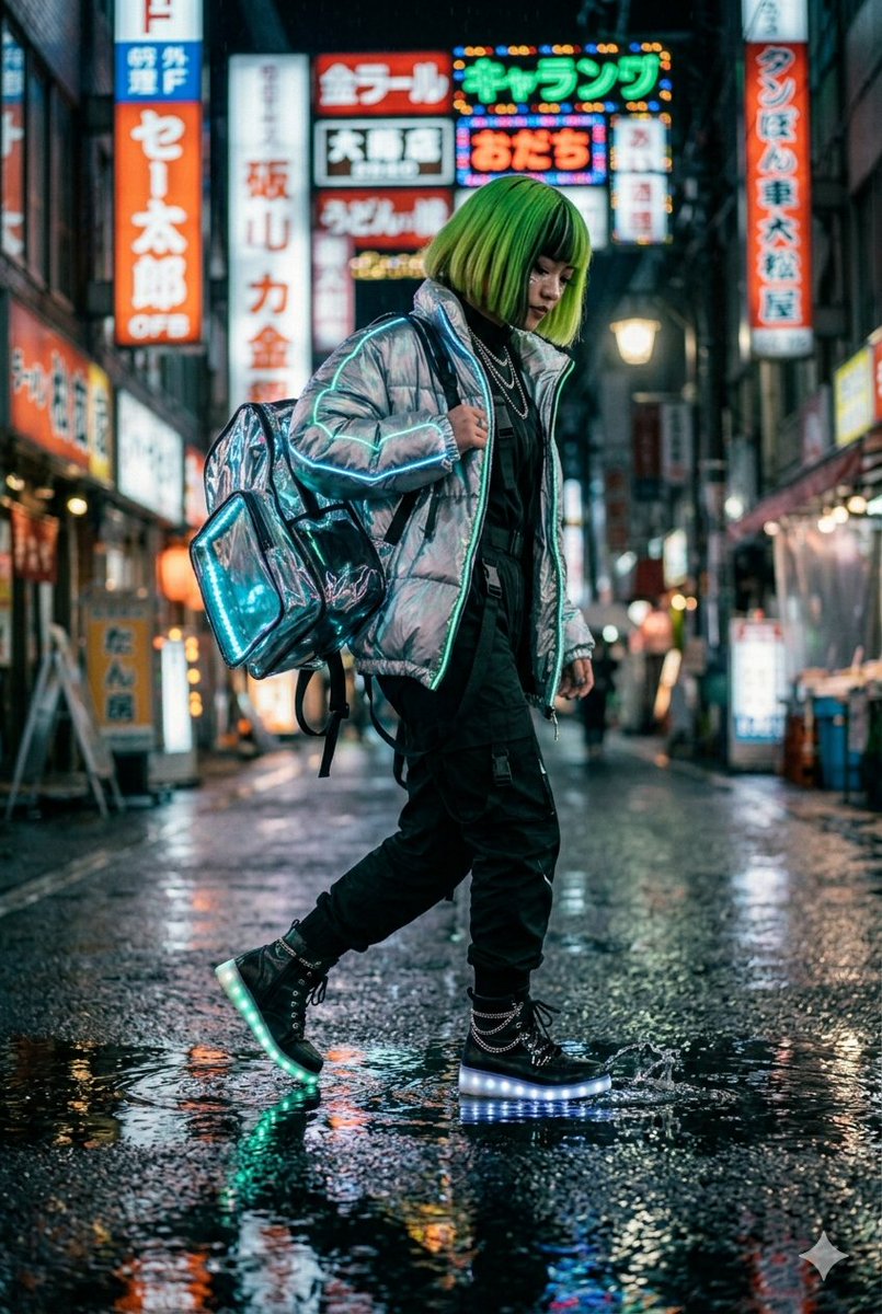 一幅电影感十足的双联画构图，主角是一位留着活力绿色波波头并带有黑色挑染的年轻女性，身着赛博朋克风格的机能服饰。她穿着一件带有发光青色霓虹镶边的金属银色羽绒服，背着一个带LED装饰的全息透明背包...