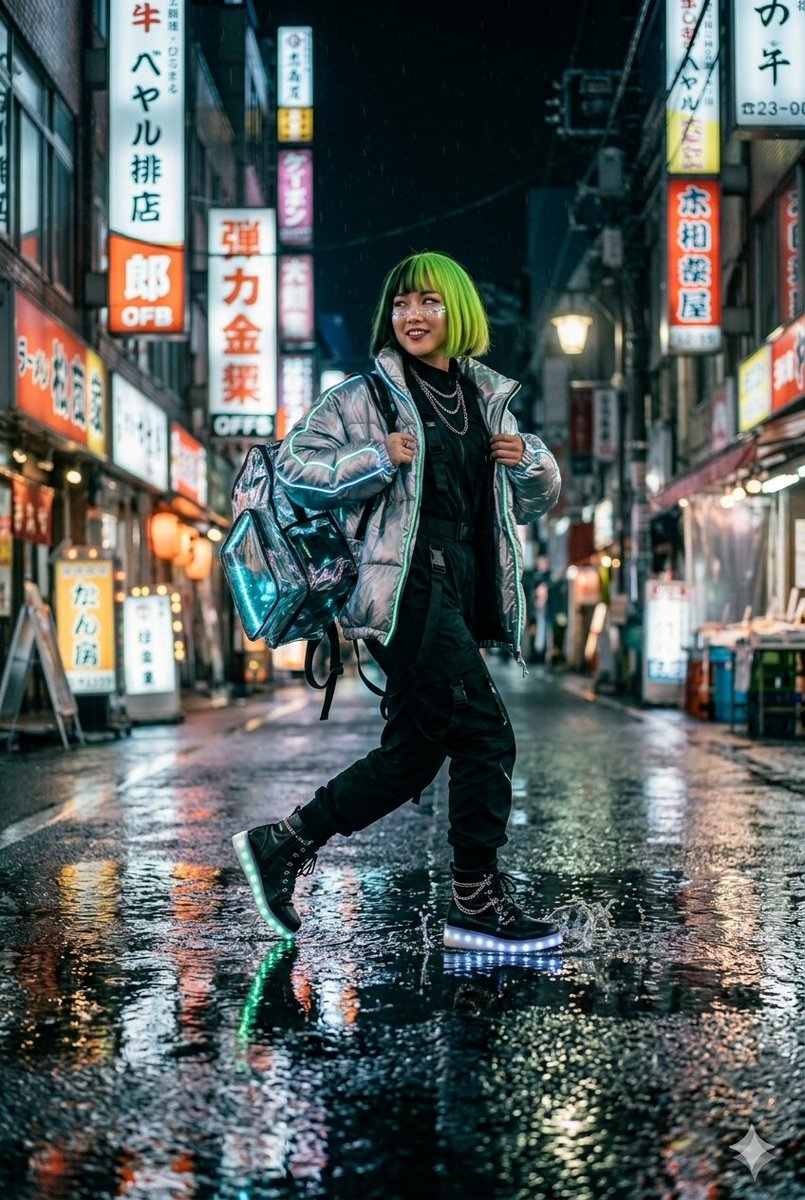 一幅电影感十足的双联画构图，主角是一位留着活力绿色波波头并带有黑色挑染的年轻女性，身着赛博朋克风格的机能服饰。她穿着一件带有发光青色霓虹镶边的金属银色羽绒服，背着一个带LED装饰的全息透明背包...