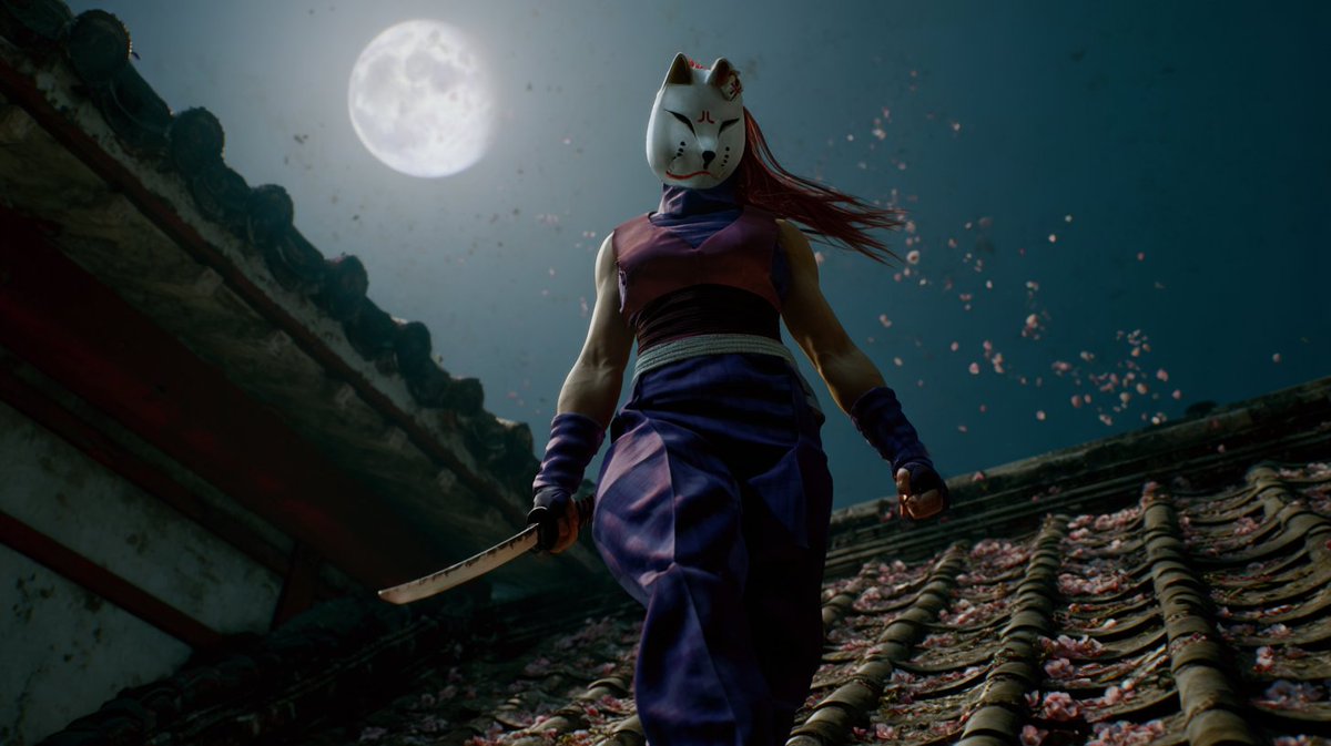 电影级真人实景场景，来自《铁拳2》的国美未津（Kunimitsu）夜晚站立在日本寺庙的屋顶上，身穿她经典的紫色忍者装束，包括无袖上衣、手套，以及...