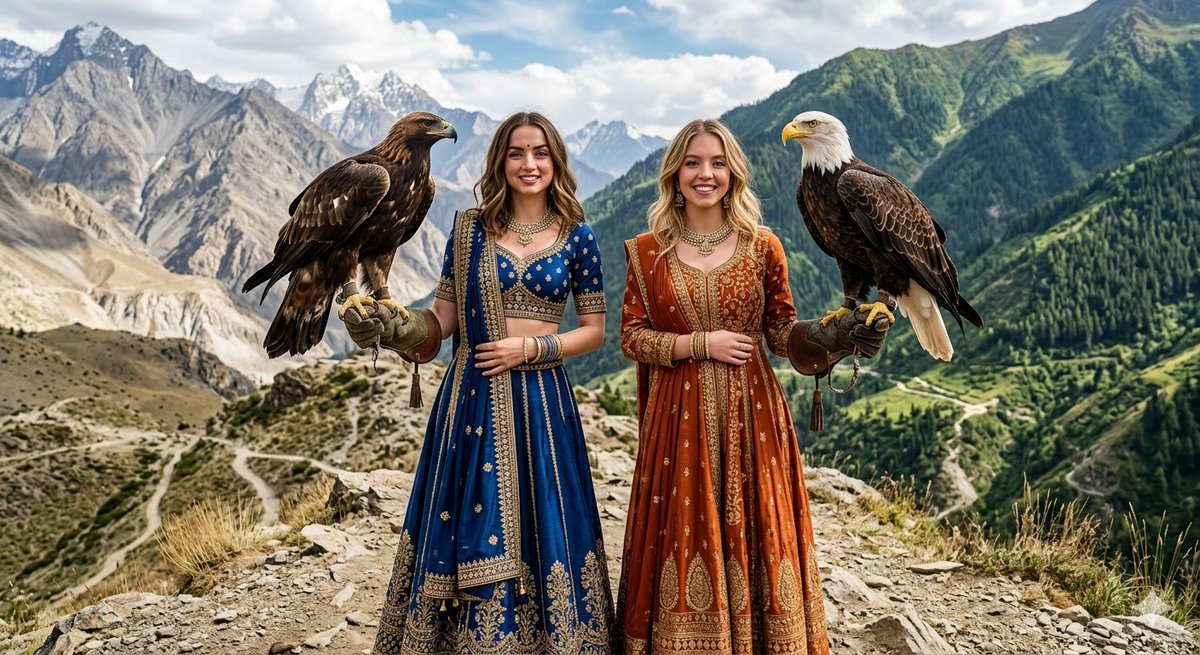 Ana de Armas, holding a golden eagle on a thick leather falconry glove, left, blue traditional I...
