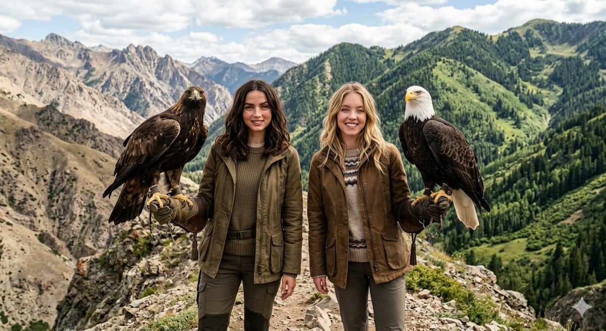 Ana de Armas, holding a golden eagle on a thick leather falconry glove, left, blue traditional I...