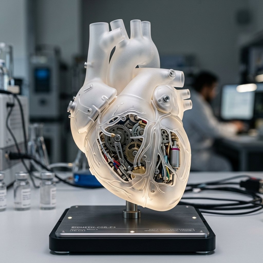 一个超写实的3D解剖学人体[心脏]，由半透明磨砂聚碳酸酯制成，呈乳白色哑光质感，柔和地漫射光线。工业注塑成型细节，微妙的微纹理，带有精密接缝的圆润边缘。内部，错综复杂的机械