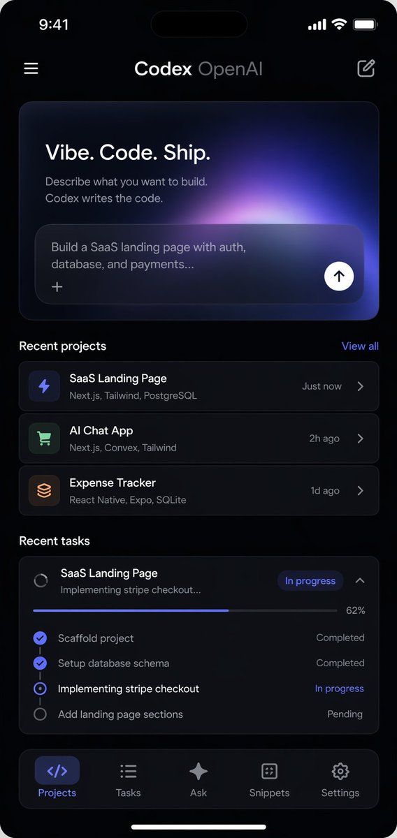 为 vibe coding 设计一个好看的 Codex OpenAI 移动应用界面 https://t.co/RpwnxcjxVa
