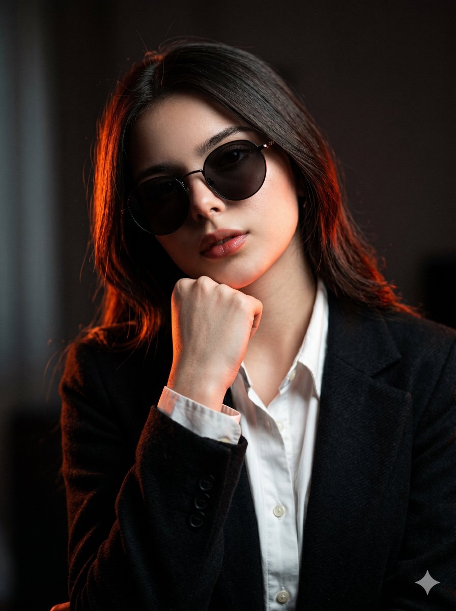 一张超现实的电影感人像照，基于上传图片中的美丽女性。她戴着深色圆框太阳镜，内搭一件微微解开扣子的衬衫，外披一件质感黑色西装外套。姿态：她微微低头看向镜头，头部轻倾，一只手握拳，稳稳地托在下巴下...