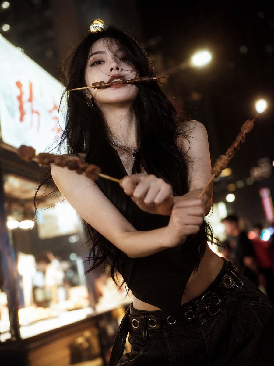 GPT Image 2 人像肖像 ---提示词--- 一位令人惊艳的美女，带着冷酷、高冷的气质，面部五官精致，冷峻而高级的时尚脸庞，长发，身材纤细优雅；“烤肉三刀流”姿势：嘴里叼着一根烤肉串，...