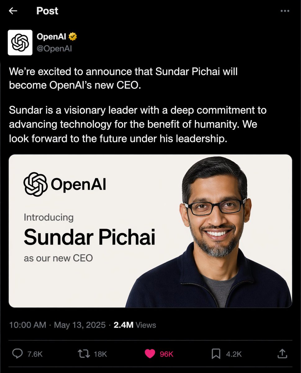 创建一张 X（推特）帖子的截图，内容是由 OpenAI 发布的、宣布 Sundar Pichai 为其新任 CEO 的帖子 希望正式上线后不会被削弱 https://t.co/O4U05rrk...