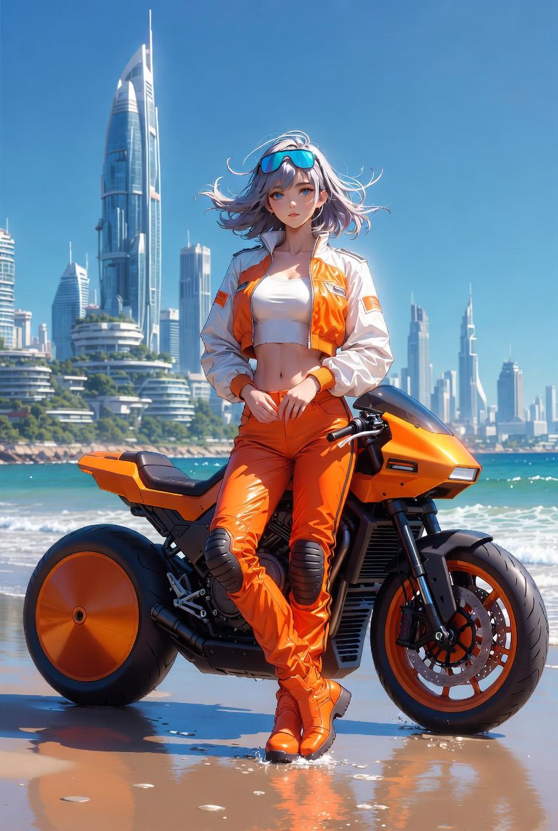 灵感来自 @Dustfinger2077 的《骑自行车的女孩》提示词！ 展示了我的原创角色 Runa，她有着银色的头发。我喜欢橙色主题和未来感的海滩氛围 😊 感谢 Dust！ #AI #Mot...