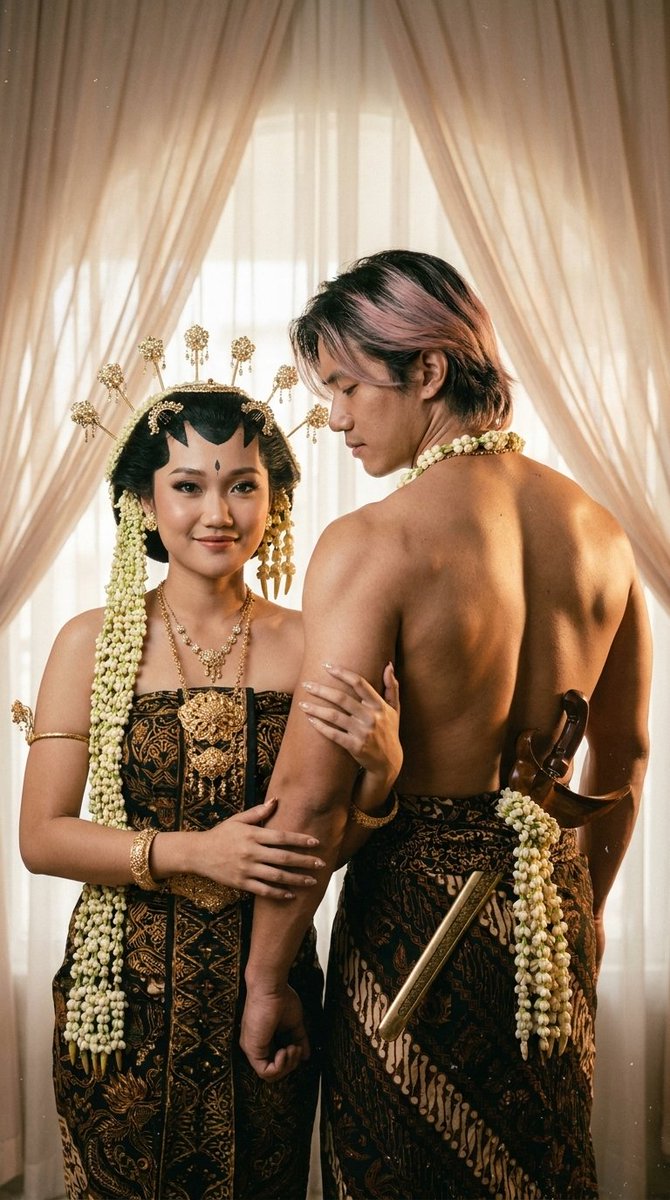一张在摄影棚中拍摄的年轻印尼情侣的浪漫婚纱前写真肖像。 女性必须与参考照片在面部特征、表情和造型上高度匹配。她拥有柔和的自然美，带着温柔而自信的微笑，直视镜头，同时挽着伴侣的手臂。 她身着正宗...