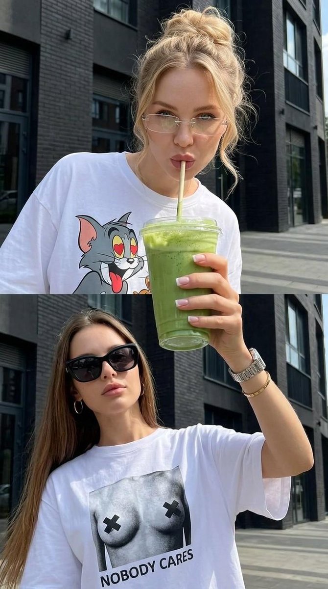 在不改变两个女孩面部的前提下创作她们的肖像。这是一幅包含两个垂直画框的 photorealistic 双联画，拥有高皮肤细节、自然面部纹理、明亮阳光和生活方式编辑美学。构图的核心焦点是一只单个...