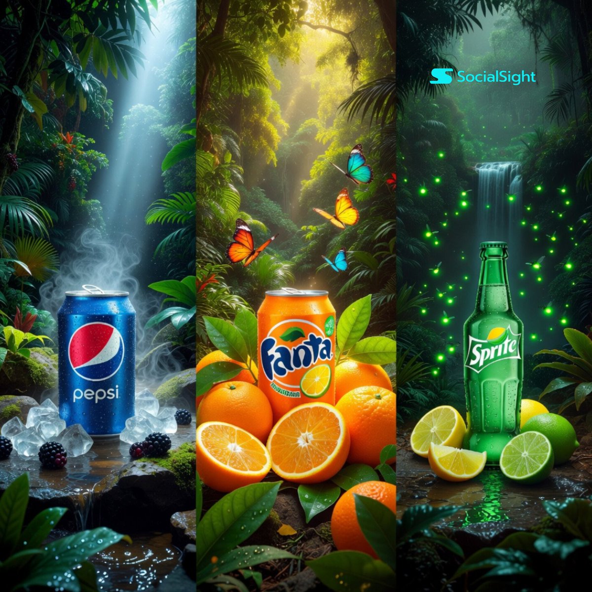 图片使用 @SocialSight 上的 Nano Banana 和 Grok Imagine 生成 提示词 👇 超写实电影感拼贴画面：三款标志性的软饮产品置于郁郁葱葱的热带丛林环境中，背景是...
