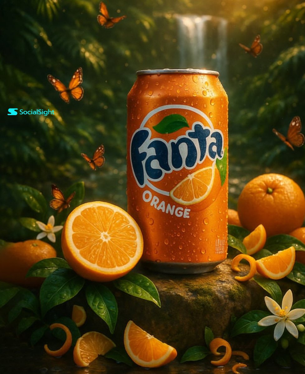 图片使用 @SocialSight 上的 Nano Banana 和 Grok Imagine 生成 提示词 👇 超写实电影感拼贴画面：三款标志性的软饮产品置于郁郁葱葱的热带丛林环境中，背景是...