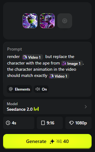 渲染 "video_1"，但将其中的人物替换为来自 "image_1" 的猿猴。视频中的人物动画应与 "video_1" 完全一致。