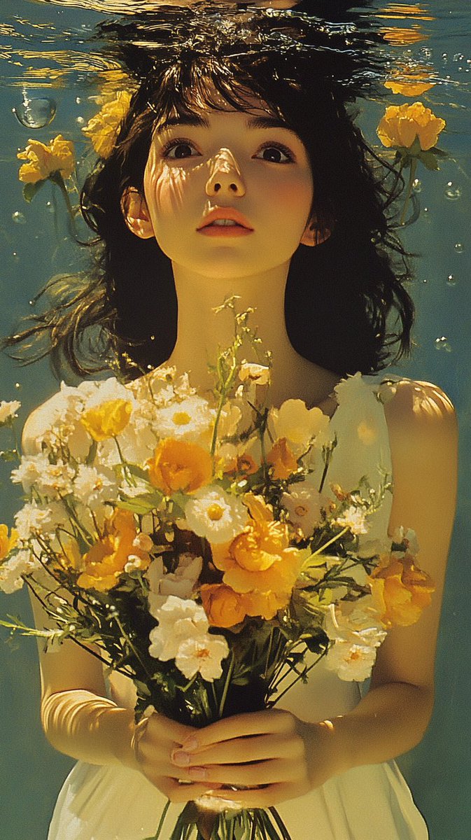 一个穿着白色连衣裙、手捧鲜花的女孩站在海里，周围环绕着彩色花瓣，风格借鉴自大友克洋或让·吉罗（莫比斯），拥有清澈蓝色的海水和绿色倒影，浅蓝色天空，自然光照，超写实风格。--ar 9:16 --...