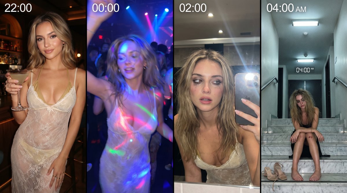 Young Woman / Party-goer, 女性, 22, Caucasian, Elara, transitioning from a polished club appearanc...