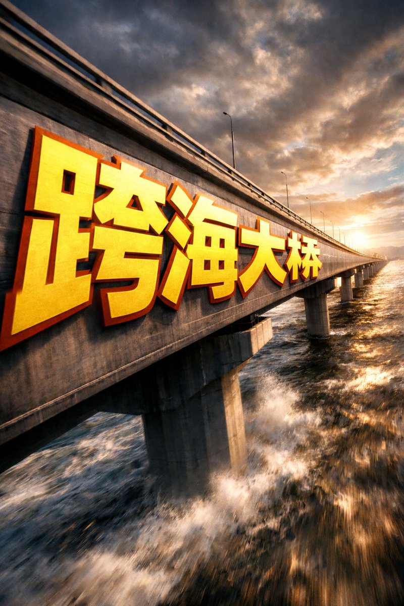 ①场景 跨海大桥的侧面，dramatic cinematic angle。 巨型 bold sans-serif 文字「___②文字内容 跨海大...