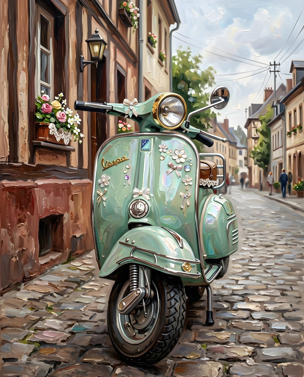 一个特写、平视的镜头聚焦于一辆停在鹅卵石街道上的复古薄荷绿 Vespa 踏板车的前部。这辆踏板车是画面的主体，其车把、前灯和前轮清晰可见。画面左侧是一座带有深色竖条纹和红棕色下半部分的建筑，构...