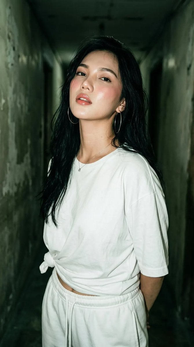 一位年轻女性站在狭窄破旧走廊中的电影感肖像，氛围感绿色调，柔和漫射光，浅景深，面部锐利对焦，奶油般虚化背景，自信放松的姿势，头部微微倾斜，自然有光泽的肌肤，淡雅腮红与裸色唇妆的妆容，黑色长直发...
