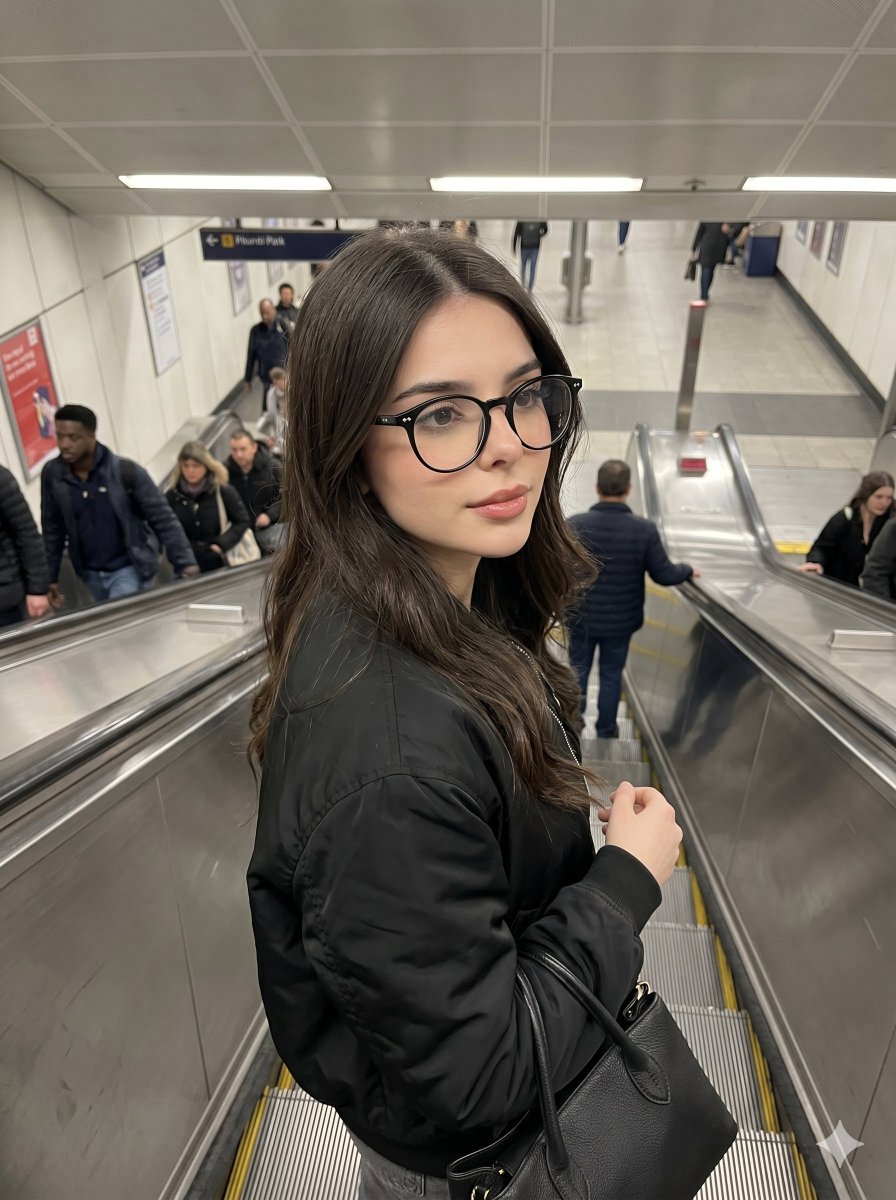 写实风格的 iPhone 抓拍照片：一位女性站在自动扶梯上，面部和身份需与参考图像完全一致。她佩戴黑色玳瑁框眼镜，身穿黑色飞行员夹克，手提黑色手包。姿态自然，动感抓拍中捕捉到她放松的表情。室内...