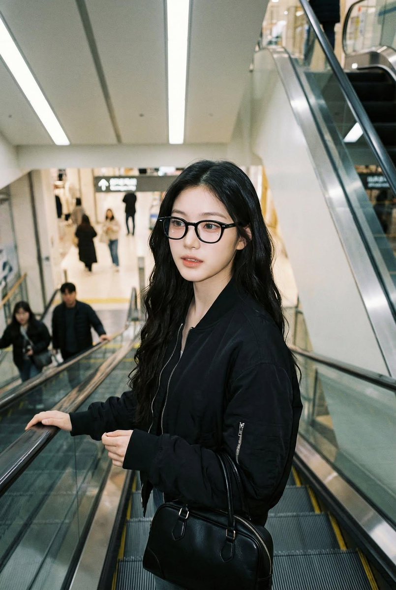一张像是用 iPhone 拍摄的真实感抓拍照片，画面中是一位女士站在自动扶梯上，面部和身份与参考图完全一致。她戴着黑色玳瑁框眼镜，穿着黑色飞行员夹克，背着一只黑色手提包。姿态自然，处于动作进行...