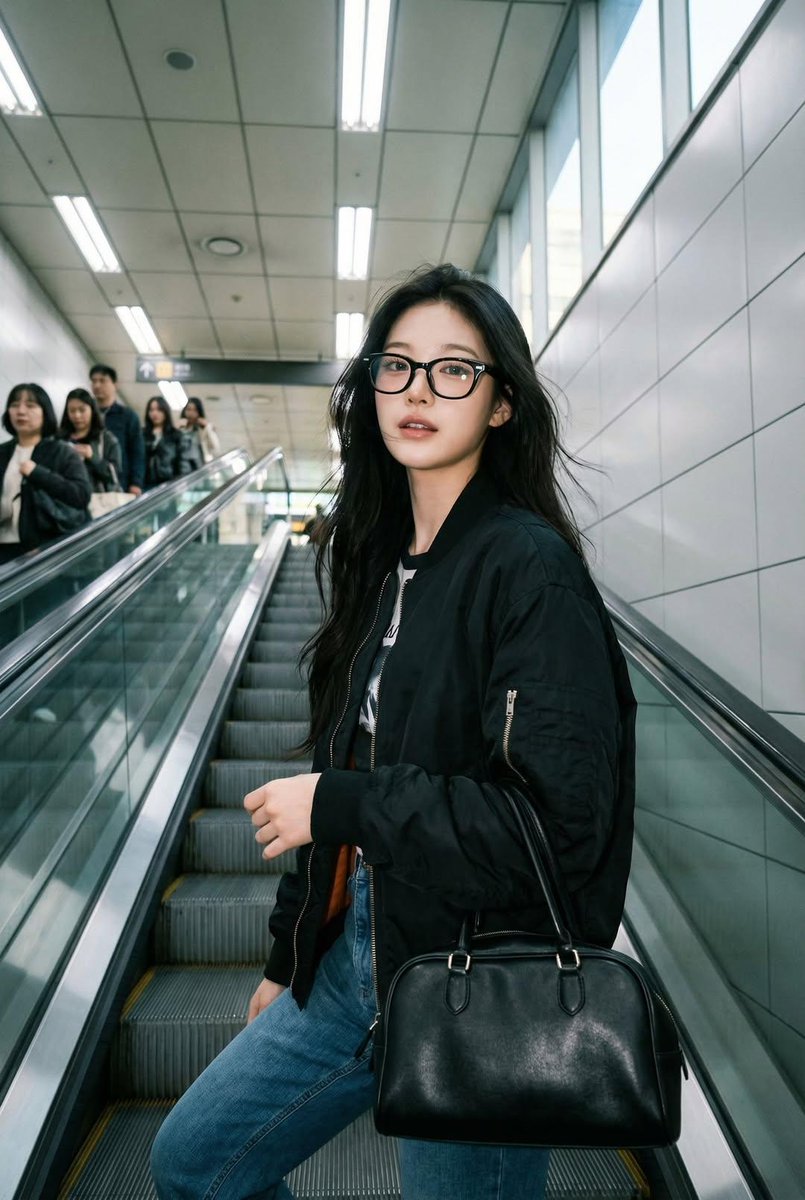 一张像是用 iPhone 拍摄的真实感抓拍照片，画面中是一位女士站在自动扶梯上，面部和身份与参考图完全一致。她戴着黑色玳瑁框眼镜，穿着黑色飞行员夹克，背着一只黑色手提包。姿态自然，处于动作进行...