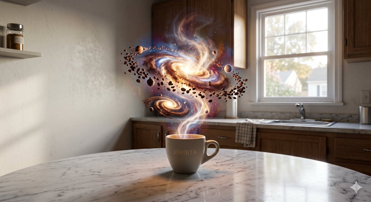 宇宙从咖啡中喷涌而出： 这是 "ORBITA Single-Origin Coffee"（ORBITA 单源咖啡）一则超现实的、荒诞派风格的照片写实主义广告。画面采用超广角镜头拍摄，并使用非常...