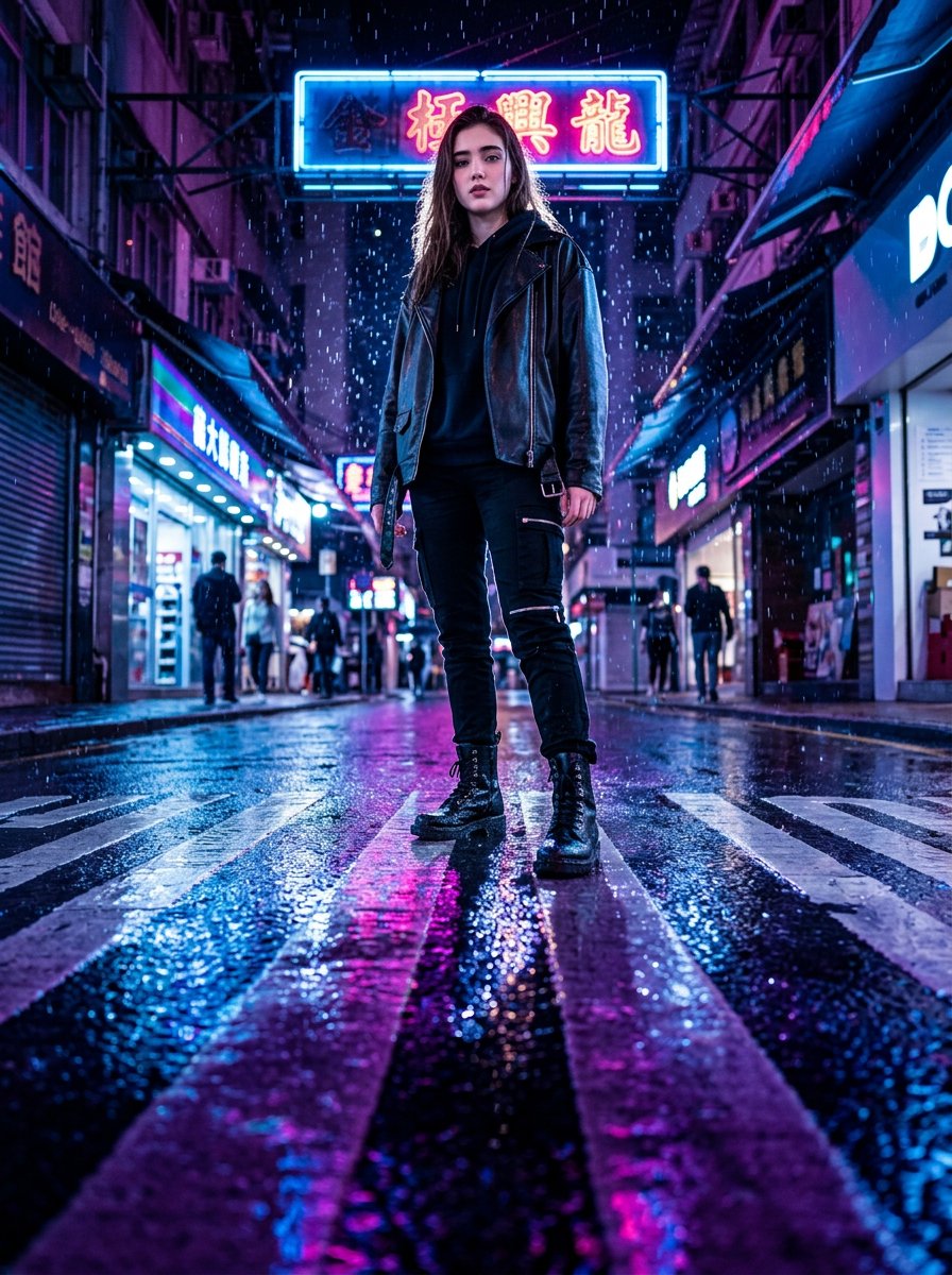 一张超写实的 8K 电影级近地面极低视角镜头，采用 16mm 超广角镜头拍摄，营造出戏剧性的透视畸变。相机置于夜晚被雨水浸透的沥青街道上方几英寸处，地面反射出电光蓝、品红和深紫等鲜艳霓虹色调。...