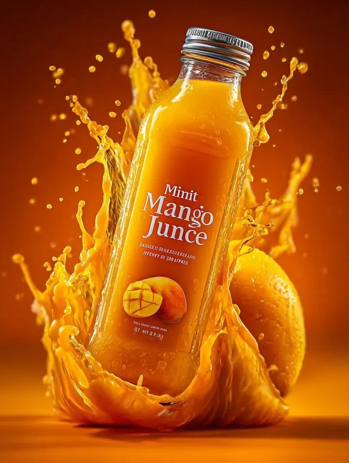 Nano Banana Pro + Kling 3.0 AI 提示词 - 一颗汁水饱满的成熟芒果在半空中猛烈爆裂，向外喷洒金橙色的果肉和果汁液滴，一瓶"Minute Maid Mango Ju...