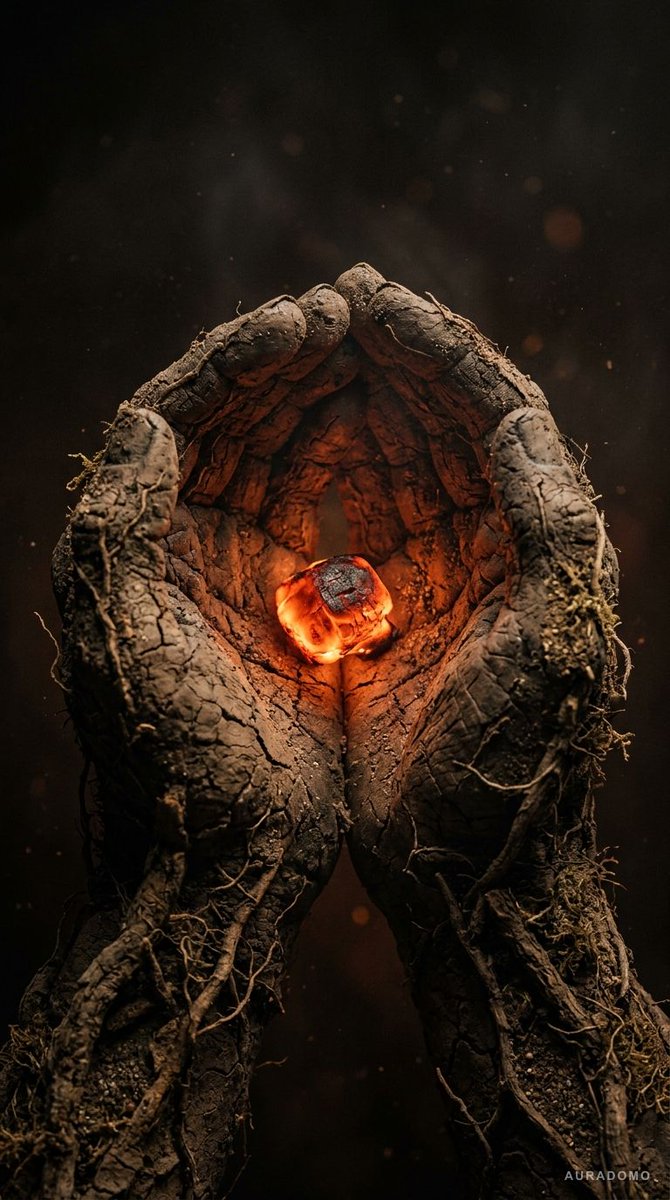 “在黑暗虚空中，由龟裂的大地与树根构成的手掌托举着一颗发光的余烬，极端微距细节呈现皮肤纹理与土壤，8K暗黑风格艺术摄影” 使用 AURADOMO AI 创作 • 你会如何提示？在下方分享你的作...