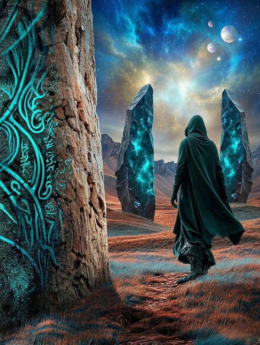 一个身披斗篷的旅人，朝着星云天空中3颗月亮下的发光青色巨石阵走去。史诗奇幻，8k。 💾 保存 • ❤️ 点赞 • 🔁 转发 #AI艺术 #Midjourney #奇幻 #科幻 #X艺术 htt...