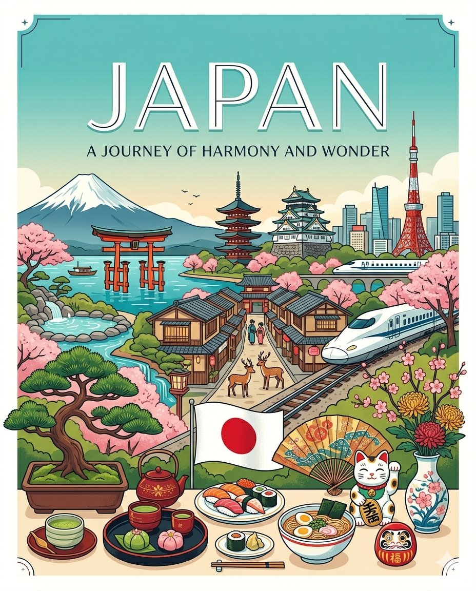 以充满活力、生机勃勃的氛围创作现代插画风格的旅行海报。 围绕输入的主题（country），以宽幅全景式构图呈现当地的标志性景观和地貌，让画面自然舒展于一个屏幕之中。 风格包含：高品质的编辑级插...