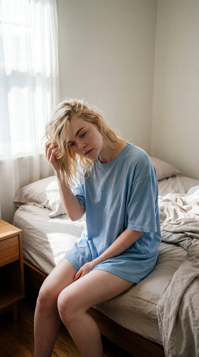 Elle Fanning, preserve delicate facial features and proportions, sitting on edge of bed, slightl...