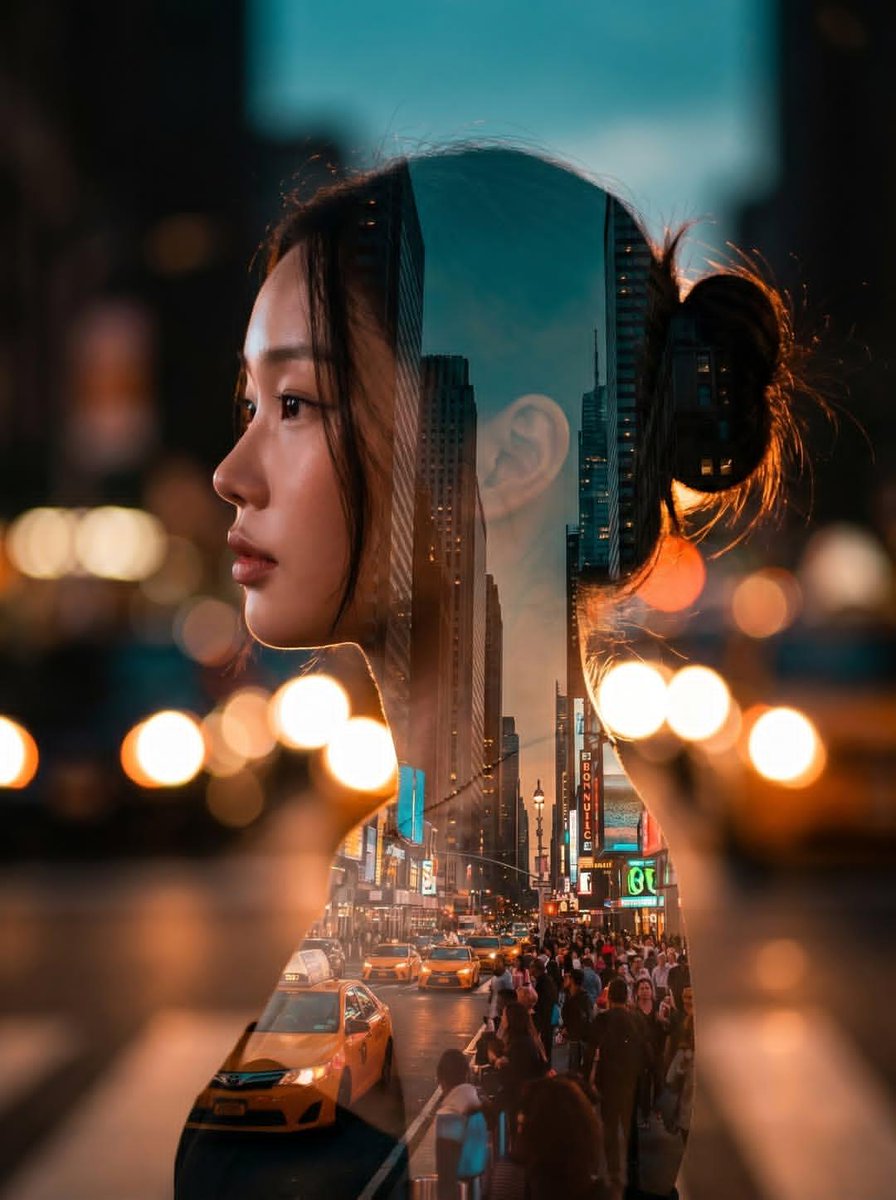 电影感的双重曝光肖像，好莱坞女演员侧脸，她的长发中叠加了一座高楼林立的繁忙城市街景，温暖的橙色与青色调，背景有柔和的散景光斑，高细节，逼真的光线，竖向构图，照片写实风格。