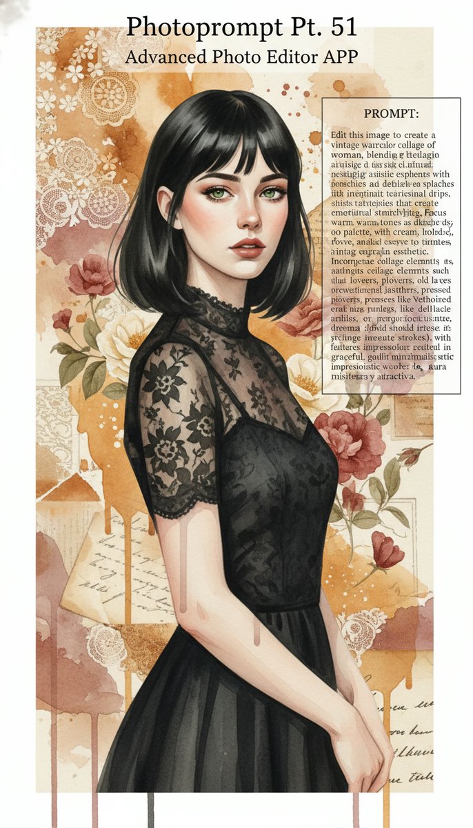 编辑此图片，创建一个优雅女性的复古水彩拼贴画，融合怀旧的艺术元素与富有表现力的颜料飞溅和细腻的纹理。肖像应呈现柔和、流动的... #SmartE...