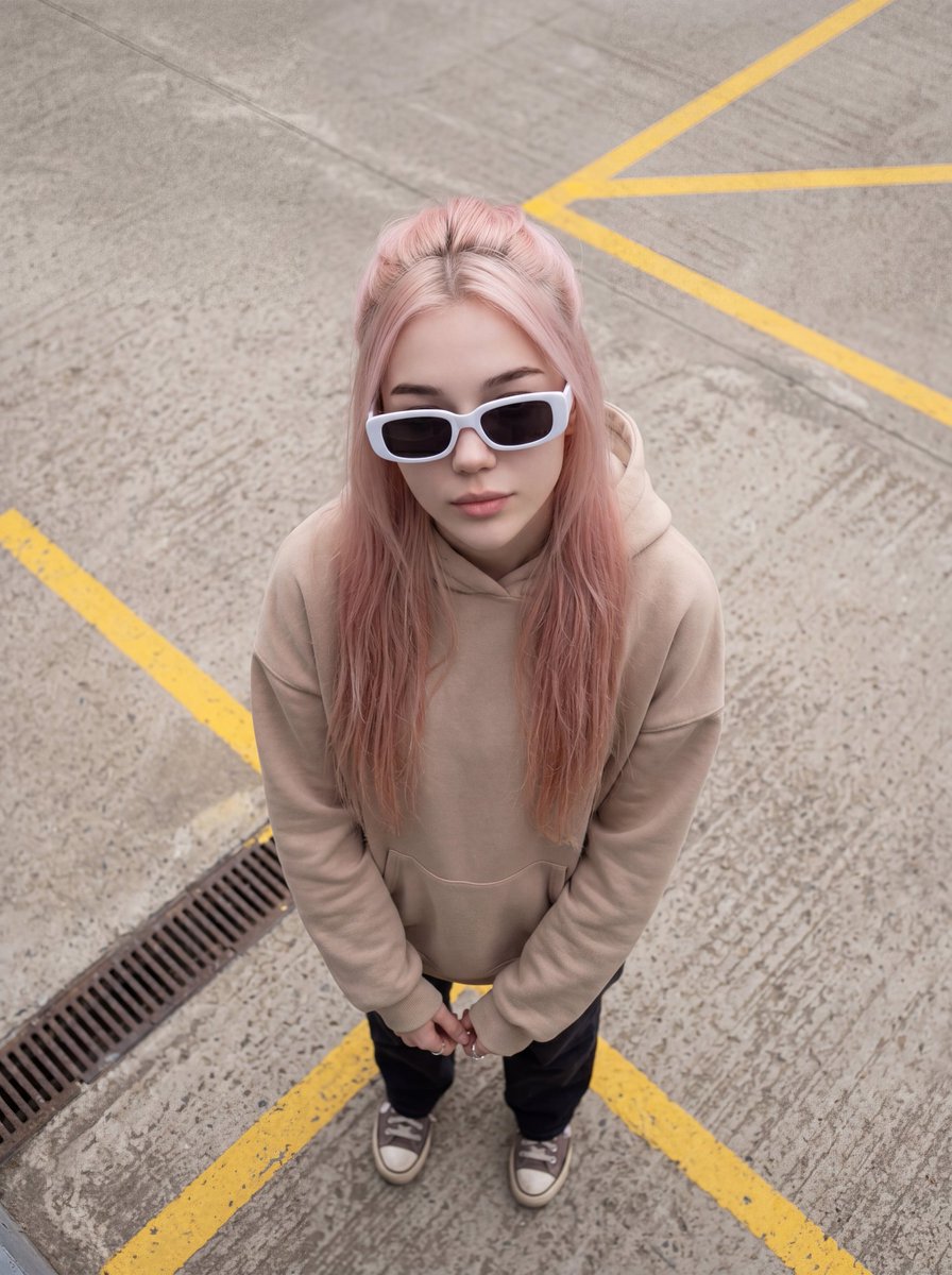 photorealistic, street fashion aesthetic, clean minimal tones, 女性, young woman standing on concr...