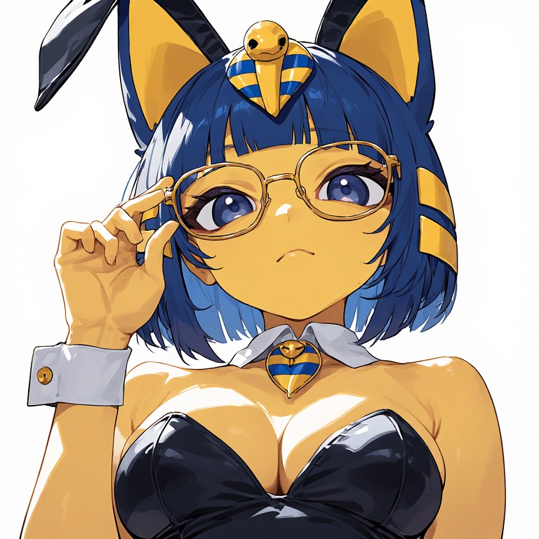 Ankha黄色皮肤，极简非常非常可爱美丽的Ankha，拥有大胸部，穿着兔子服装，戴着金丝细框大眼镜，杰作级数字绘画，精致的打光与构图，8K高清，锐利，非常细腻，高分辨率 https://t.c...