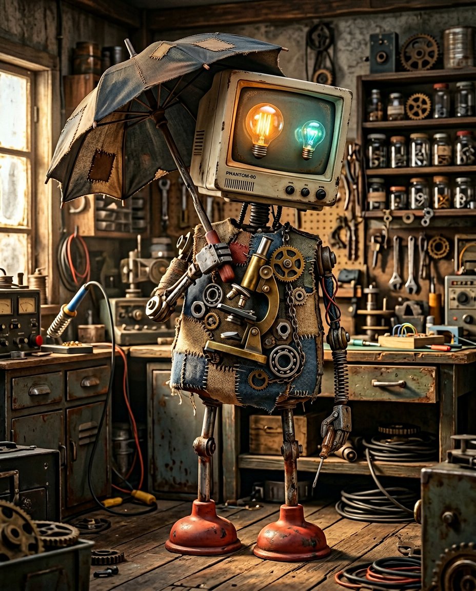 一个古怪奇异的机器人，由磨损的橡胶皮碗作为腿，一把弯曲的雨伞作为脊柱，一台笨重的复古电脑显示器作为头部，发光的、彼此不匹配的灯泡作为眼睛，身体是拼凑而成，暴露出螺母和螺栓、互锁的齿轮、一台黄铜...