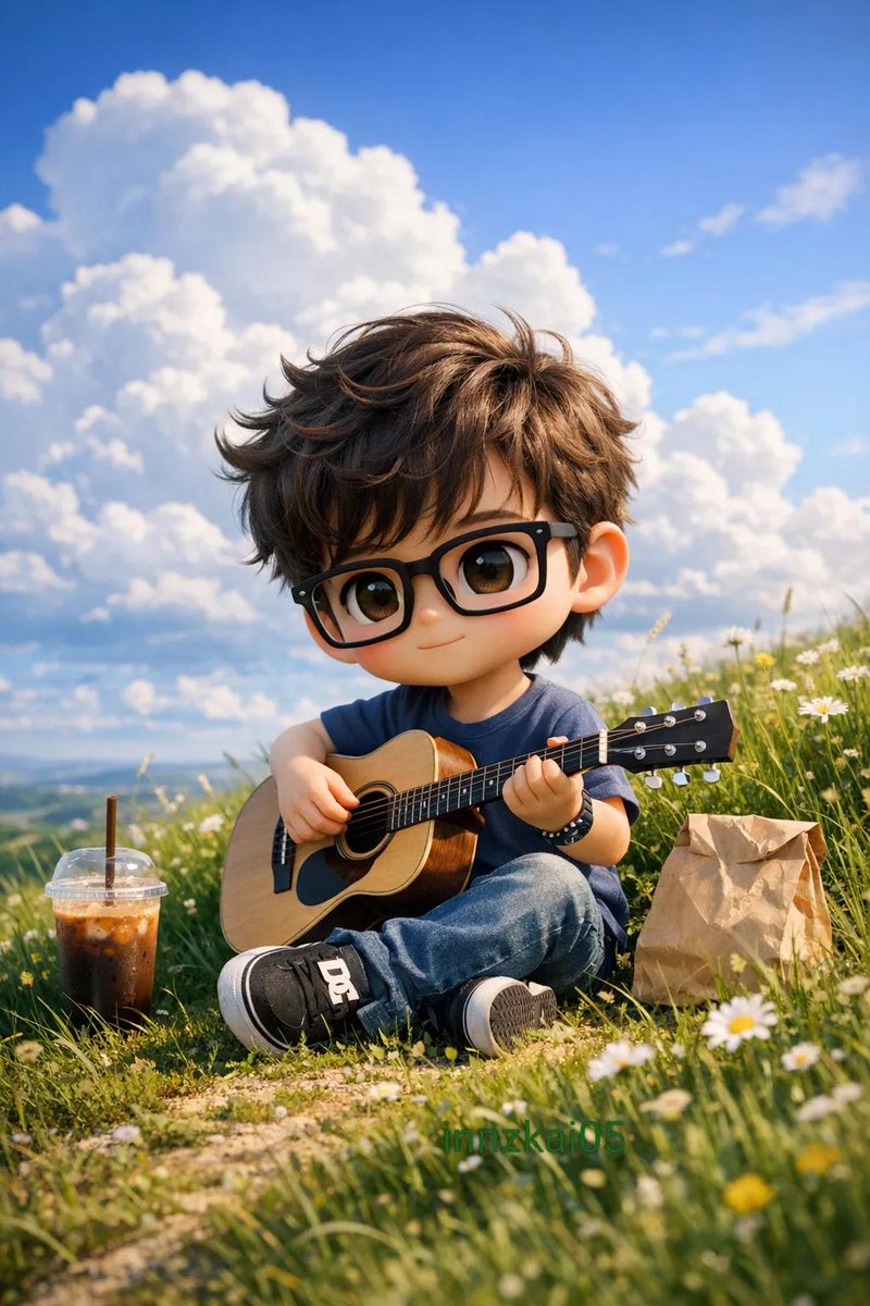 一个可爱的Q版（chibi）风格小男孩，留着凌乱的棕色头发，长着一双大大的、富有表现力的眼睛，坐在长满青草的小山上，头顶是明亮的蓝天，飘着柔软蓬松的白云。他戴着黑框眼镜，穿着休闲T恤、牛仔裤和...