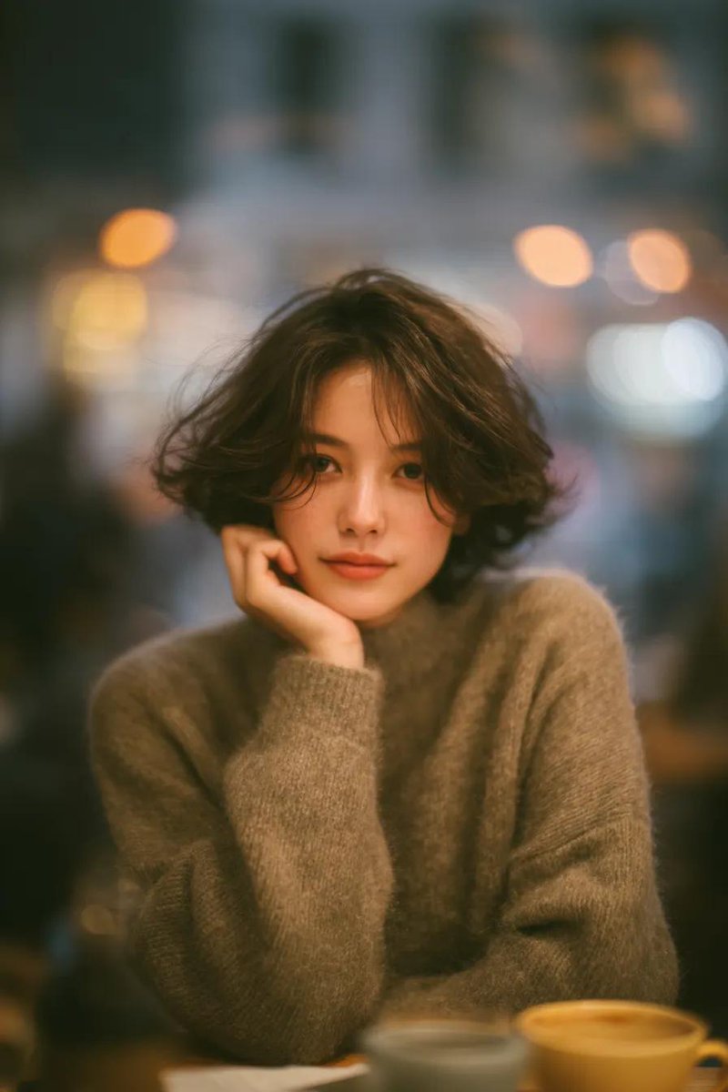 一张柔和的电影感人像照：一位年轻女子坐在一家温馨的咖啡馆里，轻轻将下巴搁在手上，以平静而略带梦幻的神情直视镜头。她留着略带凌乱的短卷发，身穿一件温暖的宽松棕色针织毛衣。背景经过柔和虚化，点缀着...