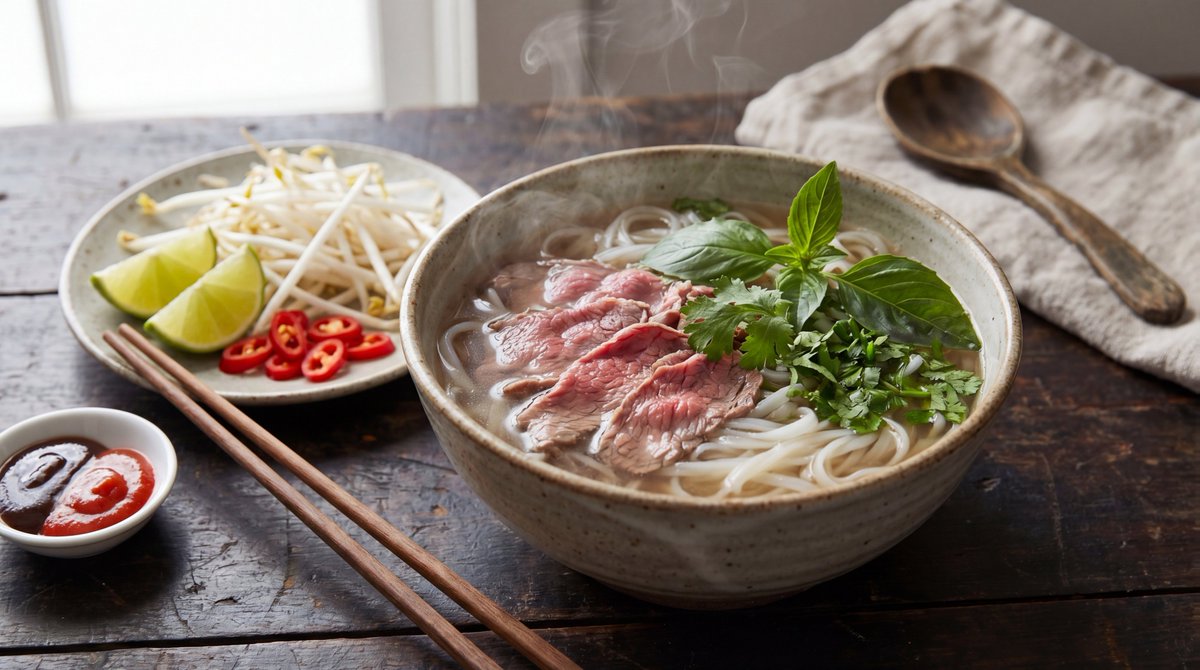 专业俯拍美食摄影：一碗热气腾腾的正宗河内风味越南牛肉河粉（phở bò），柔嫩的米线、薄切生牛肉片、新鲜的罗勒和香菜点缀，旁边配有豆芽、青柠角和切片泰国辣椒，盛于质朴的陶瓷碗中，置于深色木桌之...