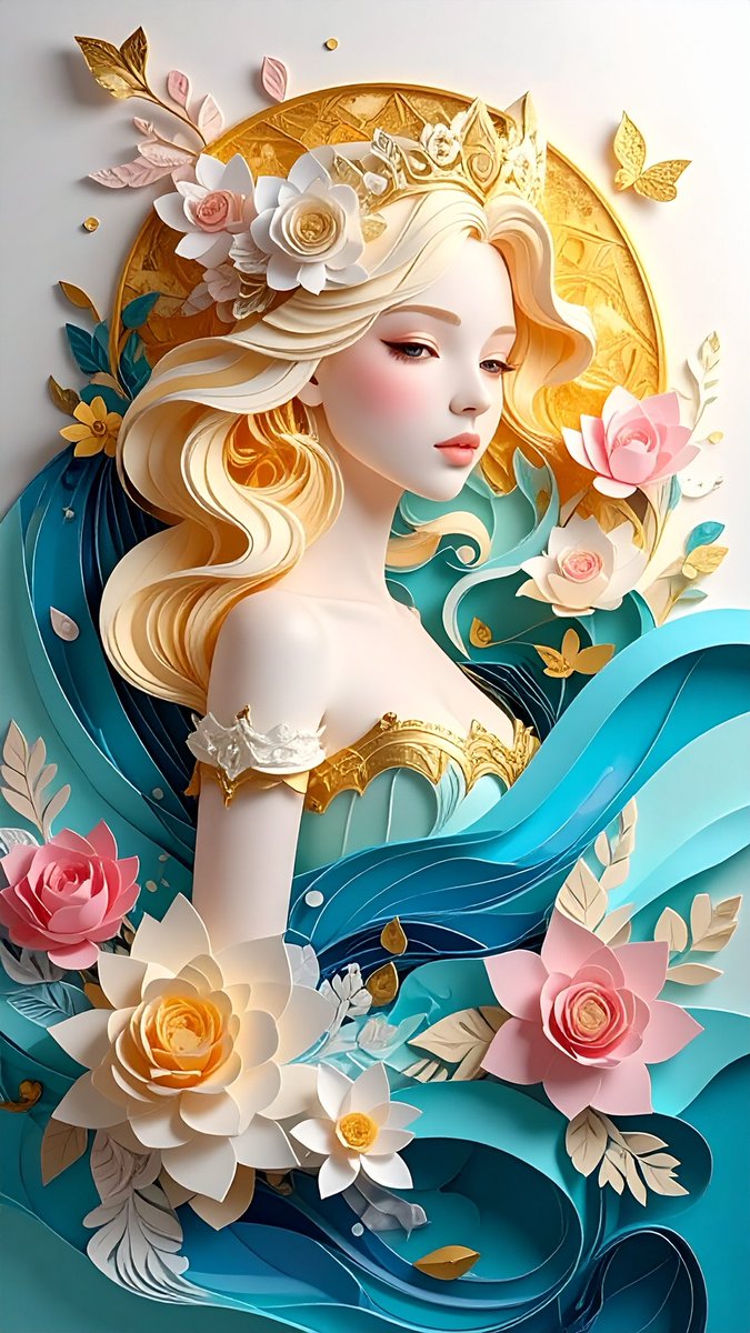 提示词分享艺术： @AdobeFirefly 3D 纸质艺术风格的水之女神，拥有金色长发，被花朵、海浪和精致的背景环绕，使用蓝色和柔和的色调：青松石蓝、奶白色、浅粉色、黄色，并搭配金色点缀，空...