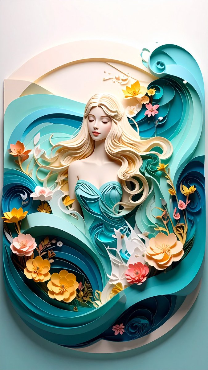 提示词分享艺术： @AdobeFirefly 3D 纸质艺术风格的水之女神，拥有金色长发，被花朵、海浪和精致的背景环绕，使用蓝色和柔和的色调：青松石蓝、奶白色、浅粉色、黄色，并搭配金色点缀，空...