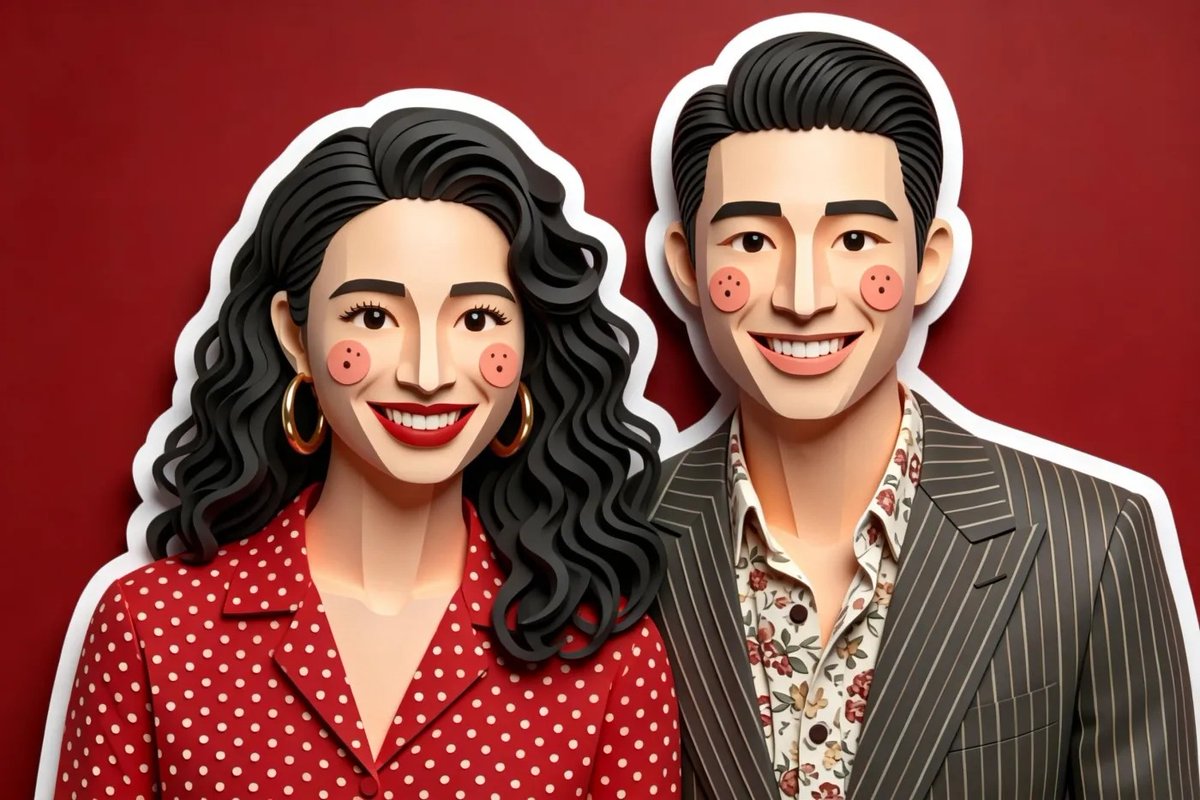 迷人的3D剪纸插画，线条圆润流畅，角色特征极简（点状眼睛、腮红脸颊），主体周围有粗白色贴纸边框，柔和的粉彩色调，均匀柔和的光线，哑光触感美术纸纹理。 欢迎分享你的设计创意哟～ #提示词 #pr...