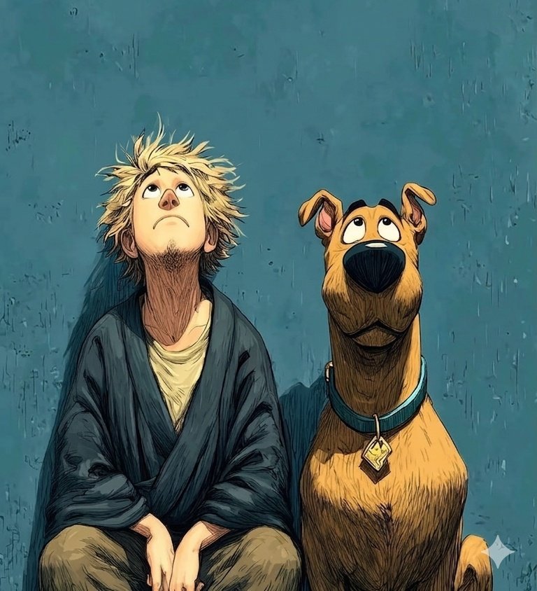 根据 image_0.png 重新创作这幅数字艺术肖像，画中描绘了一个年轻、邋遢的沙吉（Shaggy），他有一头狂野、蓬乱的金色尖发，下巴有胡茬...