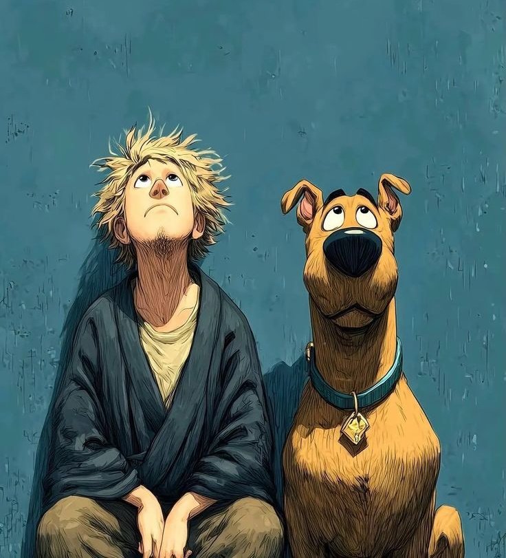 根据 image_0.png 重新创作这幅数字艺术肖像，画中描绘了一个年轻、邋遢的沙吉（Shaggy），他有一头狂野、蓬乱的金色尖发，下巴有胡茬，身穿深绿色开襟夹克，内搭浅奶油色打底衫，下身着...